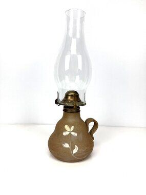 Handcrafted Signed Stoneware Floral Minimalist Grey Oil Lamp 14" OS